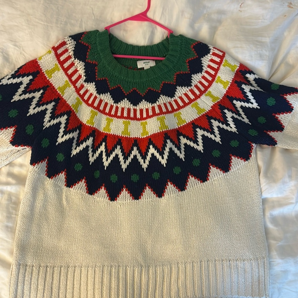 aerie Cream Sweater with Green, Navy, Red & Yellow Fair Isle Yoke